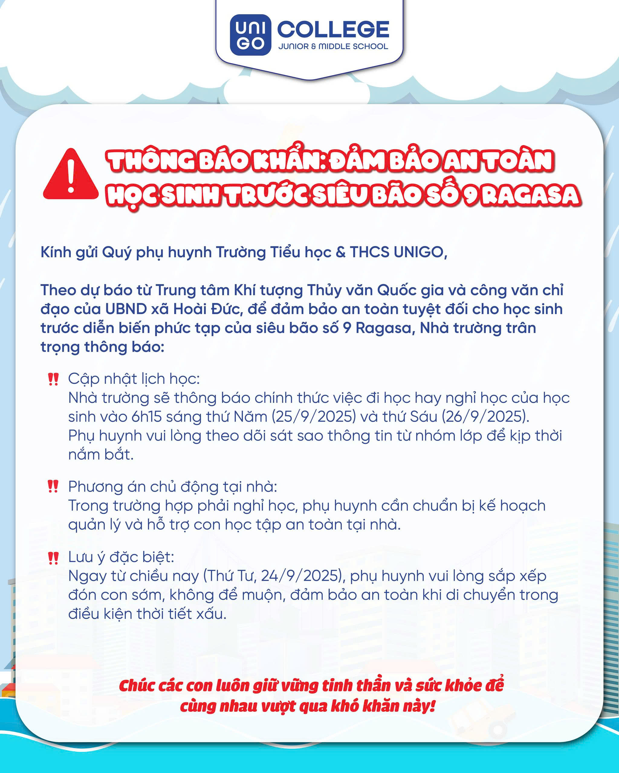 📢 THÔNG BÁO KHẨN: ĐẢM BẢO AN TOÀN HỌC SINH TRƯỚC SIÊU BÃO SỐ 9 RAGASA 🌪️